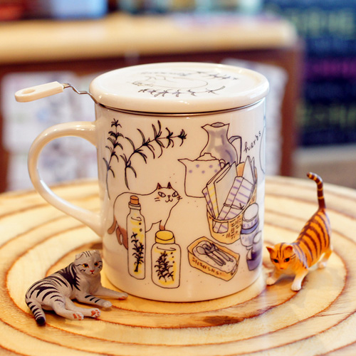 캣칩스 고양이 로즈마리 머그컵 &amp; Tea거름망 set 